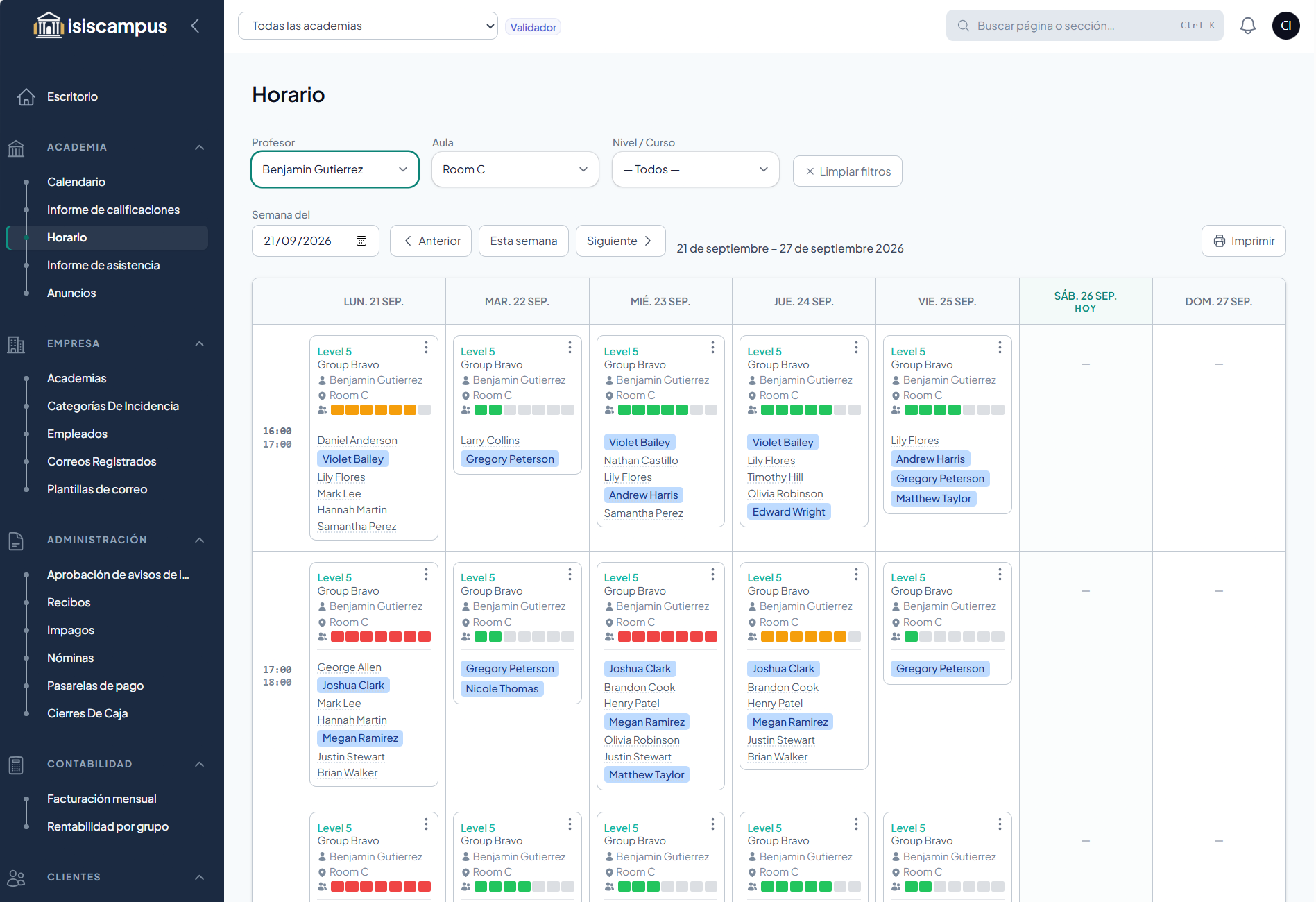 Vista del panel de isiscampus con el horario semanal de clases
